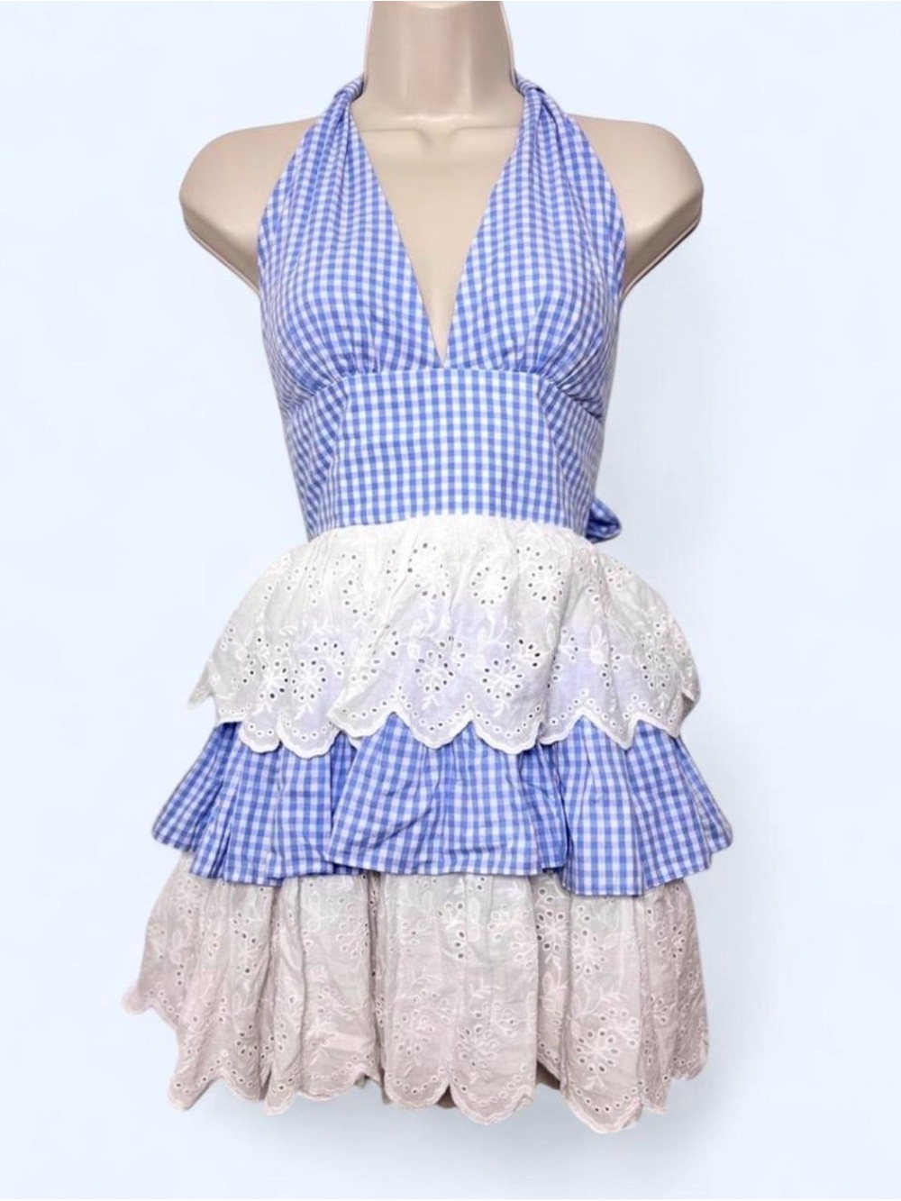 Sugar Thrillz Blue Gingham Broderie Tiered Halter Dress Tieback Size XS - Picture 2 of 5